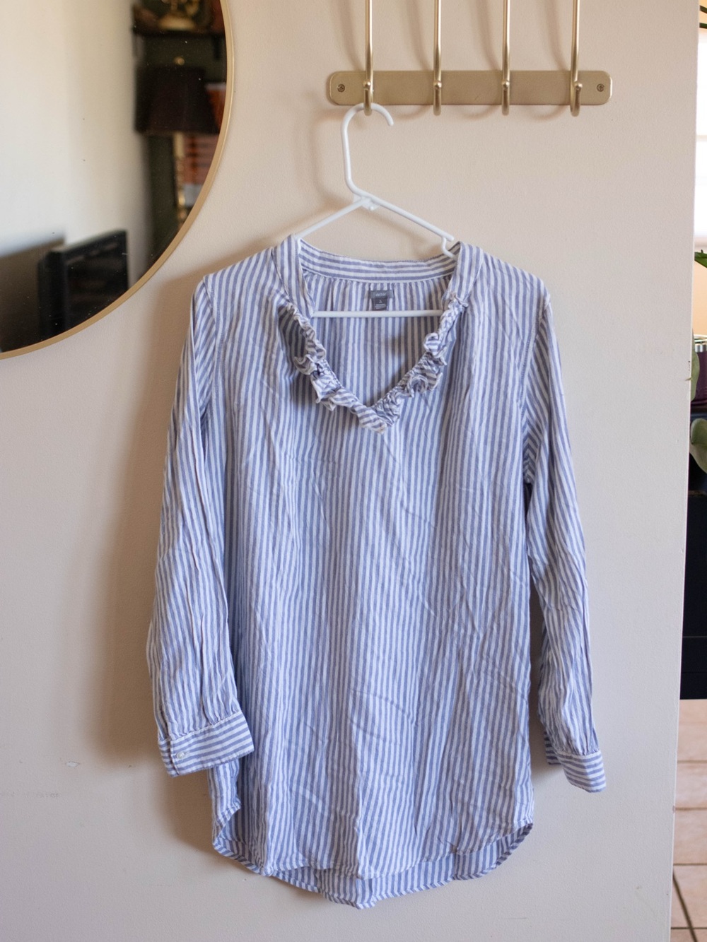 aerie Light Blue & White Striped Ruffle V-Neck Tunic Shirt